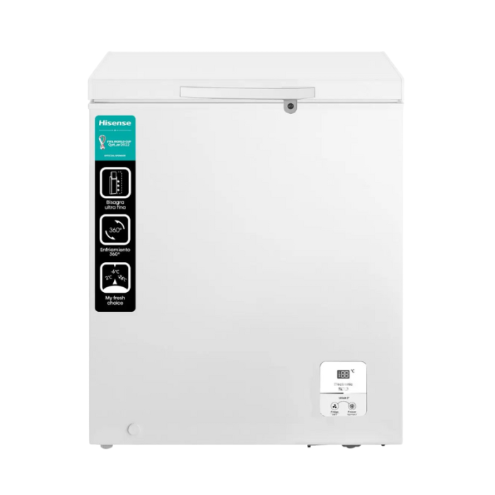Witte Hisense diepvrieskist van 5 Cu.Ft. met bovenklep – energiezuinig, stil en compact model voor praktische voedselopslag.
