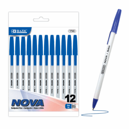 Set van 12 blauwe Bazic Nova balpennen met medium punt (1.0 mm). Soepele inkt, nauwkeurig schrijven en ideaal voor school, kantoor en dagelijks gebruik.