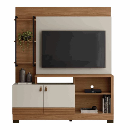 wandmeubel in Freijó houtkleur met off-white accenten, geschikt voor tv tot 50 inch – Linea Alagoas