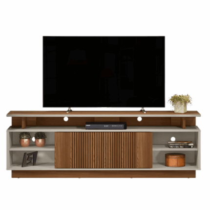 Moderne televisietafel in Freijó houtkleur met off-white accenten – Linea Leblon