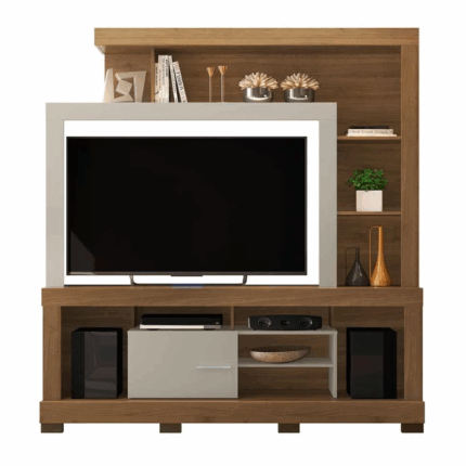 Linea Wandmeubel Ipanema in Amêndoa(Amandel) en Off White met open en gesloten opbergruimte, geschikt voor televisie, boeken en decoratie in een moderne woonkamer.