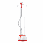 Premier kledingstomer 1800W in rood/wit – staand model met 2L tank, snelle opwarming en verstelbare stoomslang.