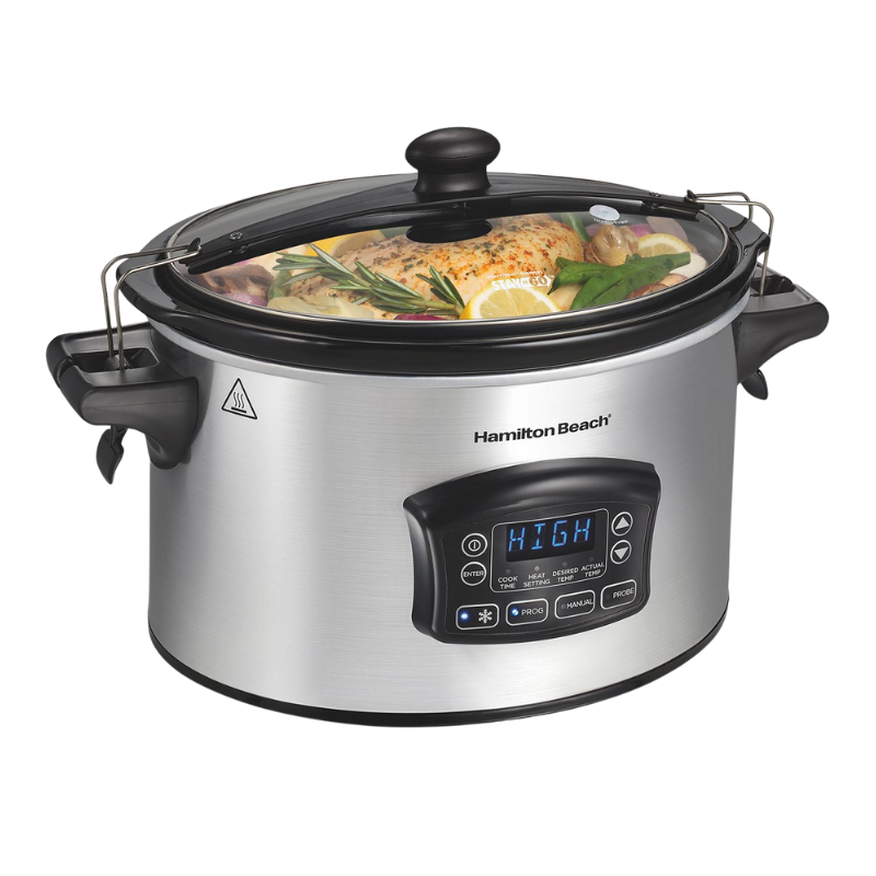 Hamilton Beach Set & Forget® Defrost Slow Cooker 6 Quart met glazen deksel, uitneembare keramische binnenpan en geïntegreerde temperatuursonde, ideaal voor vlees, stoofpotten en familieporties.