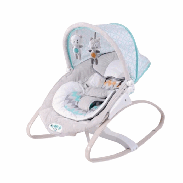 Baby wipstoel met speelboog en kap – grijs mint