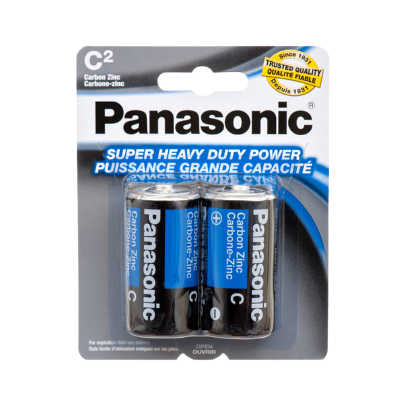 073096500204 Verpakking met 2 Panasonic Super Heavy Duty C-batterijen (1.5V), Carbon-Zinc technologie.