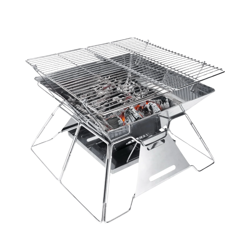 BB4X14SS Brentwood 14x14 inch draagbare houtskool BBQ grill en vuurschaal van roestvrij staal, opvouwbaar met draagtas.