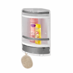 Qlux kunststof badkamerrek met twee etages, lade en haakje – hoekmodel 29x18x41 cm, wit met grijze accenten, ideaal voor douche en badkameropslag.