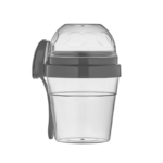Qlux meeneembeker 2-in-1 in grijs, met lepel en transparant toppingvak – ideaal voor yoghurt en snacks