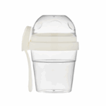Qlux meeneembeker 2-in-1 in wit , met lepel en transparant toppingvak – ideaal voor yoghurt en snacks