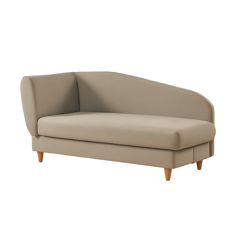 L0805007C (1) licht bruin relaxbank met linkerarmleuning, houten poten en verborgen opbergruimte onder de zitting, geplaatst tegen een witte achtergrond.
