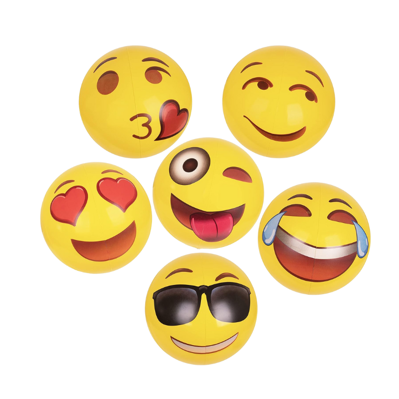 S0418403 Opblaasbare strandbal 18 cm – vrolijke emoji print speelbal voor kinderen