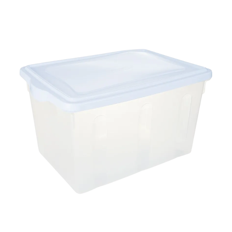 7891115002958 Plasvale opbergcontainer 38 liter van transparant kunststof met wit deksel, geschikt voor kleding, speelgoed en huishoudelijke opslag