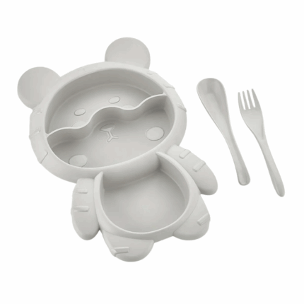 Qlux kinder eetsetje met berenbord, lepel en vork – BPA-vrij babyservies in beige kleur