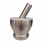 Roestvrijstalen vijzel met stamper en transparant deksel, geschikt voor het fijnmalen van kruiden en specerijen