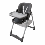 grijze verstelbare kinderstoel met eetblad en veiligheidsgordel