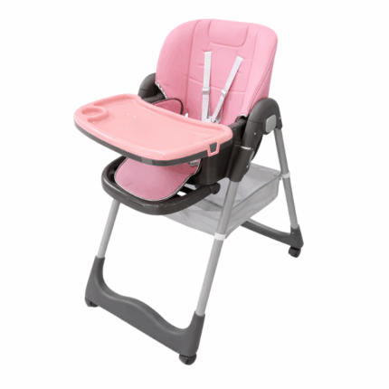 Roze verstelbare kinderstoel met eetblad en veiligheidsgordel voor baby's