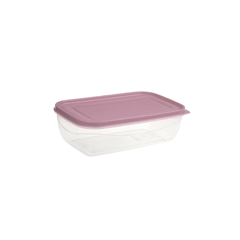 M014 Rechthoekig transparant plastic bakje van 800 ml met roze deksel. Ideaal voor het bewaren van snacks of kleine porties voedsel.