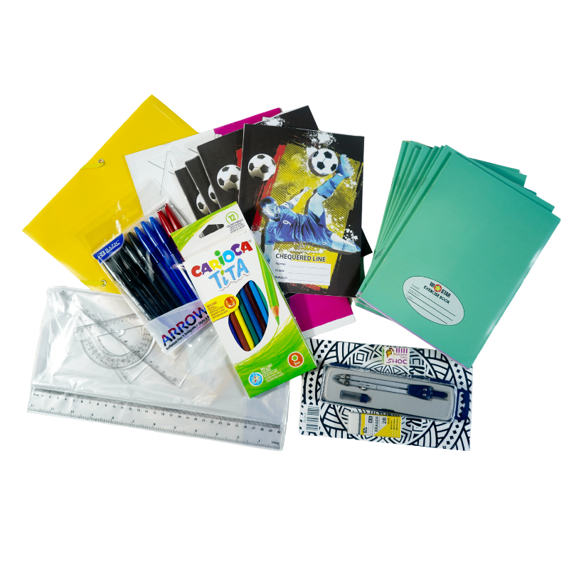 Mulo - vwo Schoolpakket voor voortgezet onderwijs met schriften, passer, geometrieset, pennen, kleurpotloden, potlood, map, tekenschrift en kladblok