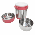 Roestvrijstalen lunchset 3-delig met geïsoleerde container en twee binnenkommen, roze en zilver.