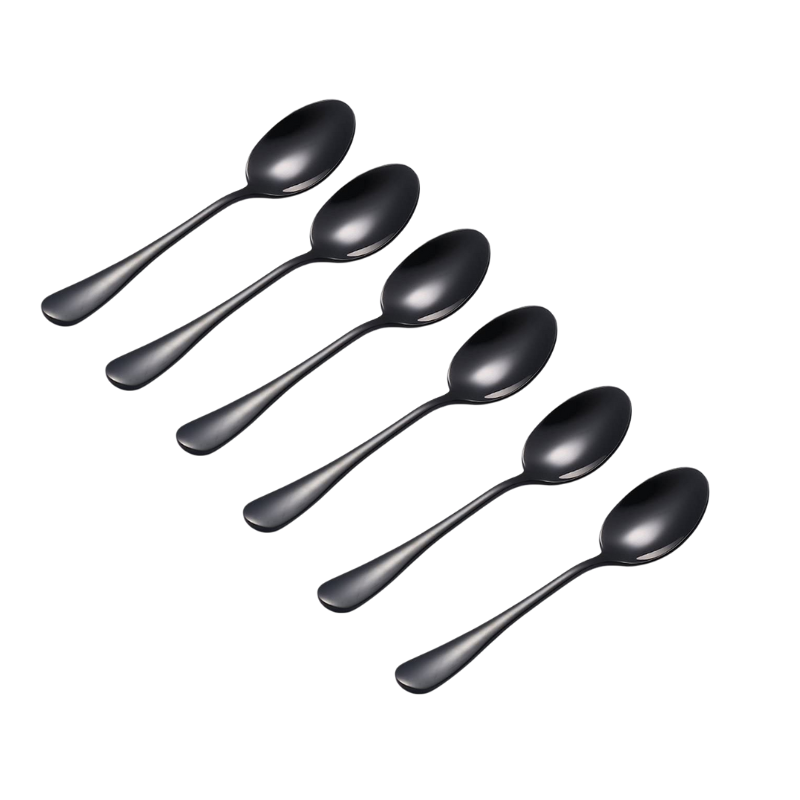 2310390 (1) Set van 6 glanzende zwarte theelepels van roestvrij staal, geschikt voor koffie, thee en desserts