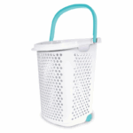 Witte wasmand 70L met turquoise handvat en wieltjes – verrijdbare wasmand met ventilatiegaten