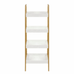 Ladderrek met vier witte planken en licht houten frame, geschikt voor decoratie en opbergruimte in moderne interieurs.