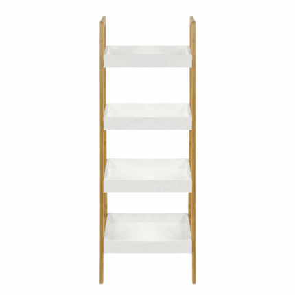 Ladderrek met vier witte planken en licht houten frame, geschikt voor decoratie en opbergruimte in moderne interieurs.