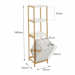 Opbergrek met 3 legplanken en kantelbare wasmand, bamboe frame en witgelakte afwerking, inclusief uitneembare waszak.