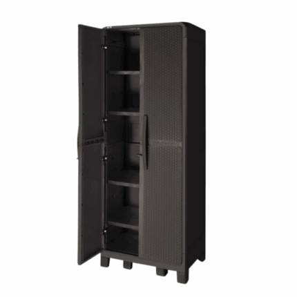 Ferrara plastic storage cabinet with five shelves and double doors – tall multifunctional cabinet for garage, garden or utility room