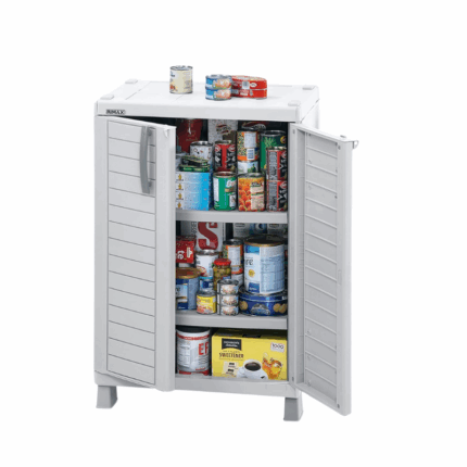 Plastic storage cabinet with double doors, handles and short legs – RIMAX brand