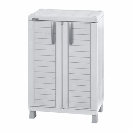 Kunststof opbergkast met dubbele deuren, handgrepen en korte pootjes – merk RIMAX