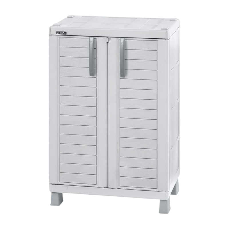 7356253XP Kunststof opbergkast met dubbele deuren, handgrepen en korte pootjes – merk RIMAX