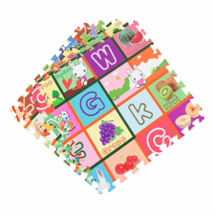 speelmat bestaande uit letters, woorden en kleurrijke afbeeldingen van fruit en dieren