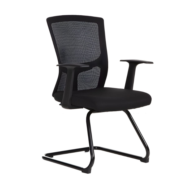 8535907MGN Zwarte bezoekersstoel met mesh rugleuning, vaste armleuningen en metalen sledevoet