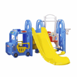 Kinderspeeltoestel met glijbaan, schommel en basketbalnet – kleurrijk en veilig ontwerp voor binnen en buiten.