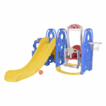 Children’s playset featuring a slide, swing, and basketball hoop in a colorful, compact design. Made of durable plastic with rounded edges, suitable for indoor and outdoor use.