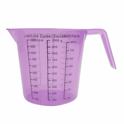 Kunststof maatbeker 1000 ml met schenktuit en maataanduiding, geschikt voor keuken en werkplaats.