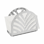 Metalen servethouder met zilveren afwerking en decoratief patroon, geschikt voor servetten op tafel of in de keuken.