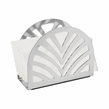 Metalen servethouder met zilveren afwerking en decoratief patroon, geschikt voor servetten op tafel of in de keuken.