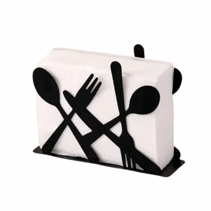 Zwarte metalen servethouder met bestekdesign – vork, mes en lepel – geschikt voor servetten op tafel of aanrecht.