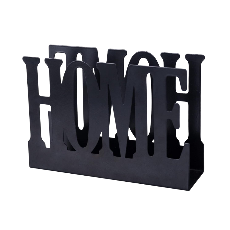 EY579 Zwarte metalen servethouder met HOME-tekst, geschikt voor servetten op tafel of aanrecht.