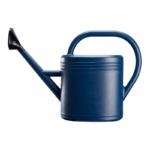 blauwe kunststof gieter van 5 liter met lange tuit en bruine broeskop