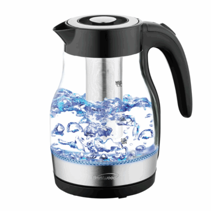 Brentwood KT-1962BK 1,7L draadloze glazen elektrische waterkoker met thee-infuser, 1100W, blauwe LED-verlichting en BPA-vrije onderdelen