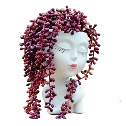 Witte plantenhouder in de vorm van een vrouwelijk gezicht met gesloten ogen en roze lippen, met plant als speels kapsel.