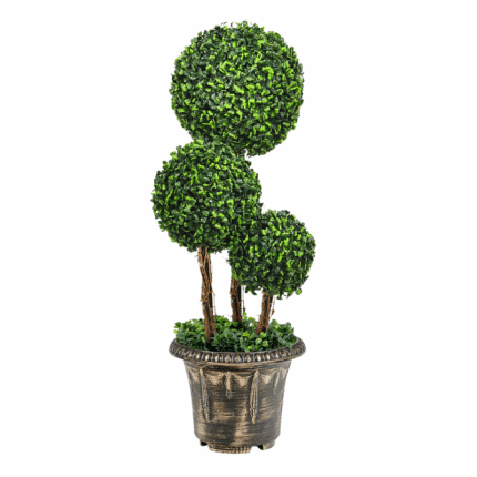 Topiary kunstplant met drie bolvormige groene clusters in een sierpot met antieke afwerking, geschikt voor interieurdecoratie.