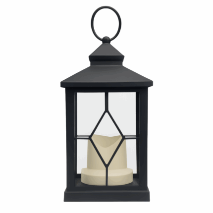 Zwarte metalen lantaarn met LED-kaars en diamantvormig glaspatroon
