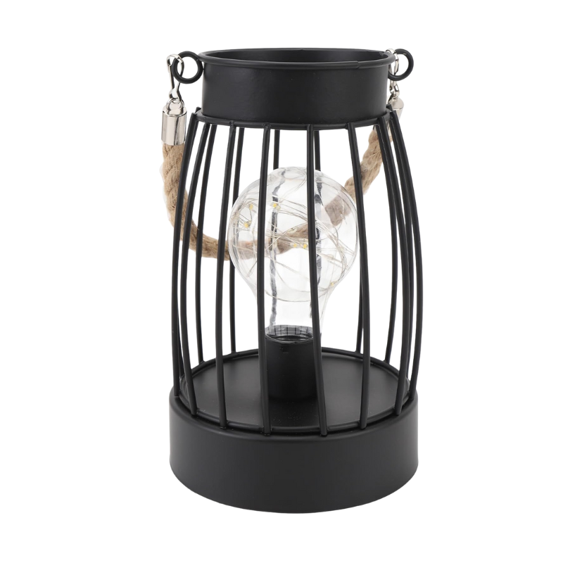 L0319126 Decoratieve lantaarnlamp met zwart metalen frame, zichtbare filamentlamp en dikke touwgreep bovenop. Industrieel en rustiek design.