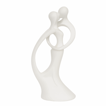 Wit abstract beeldje van twee gestileerde menselijke figuren in een sierlijke omhelzing, met vloeiende lijnen en minimalistisch design, symbool voor liefde en verbondenheid.