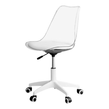 Moderne bureaustoel met transparante rugleuning en wit zitvlak
