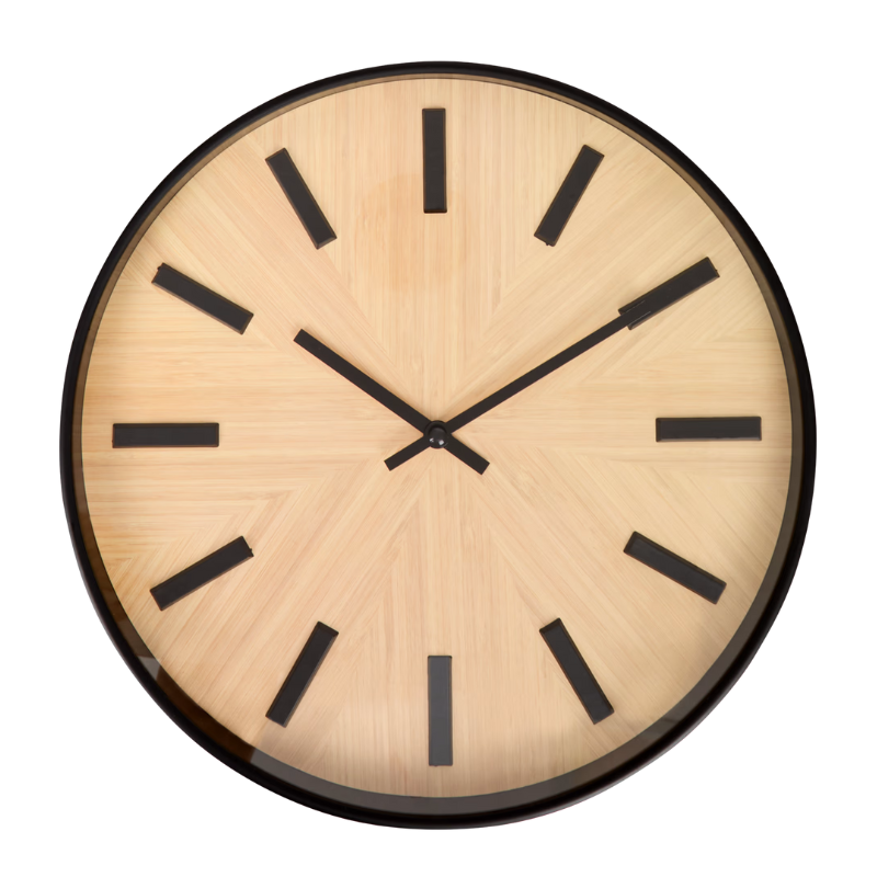 LS090 Wandklok met houtlook – Ø 30 cm – stille klok met zwart detail